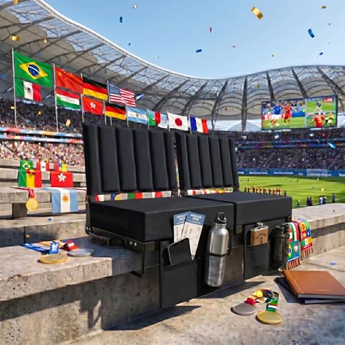 Padded Stadium Seat with Back Support & Cup Holder - Black, 2 pcs