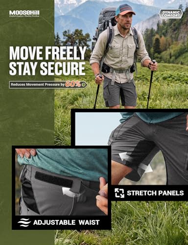 Moosehill Men's Grey 34 Cargo Shorts - Quick Dry, 9 Pockets, Self-Storing Hiking Apparel
