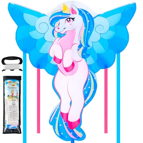 Blue Unicorn Kite - Large Easy Fly Beach Kite for Kids & Adults
