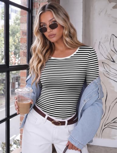 Ekouaer Long Sleeve Slim Scoop Neck Top for Women — Stripe Print, Medium