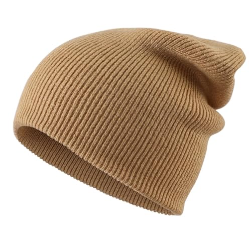 Thick Cuffed Knit Winter Beanie - Double Layer Warm Skull Cap - Khaki