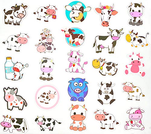 50 Pcs Cow Stickers Pack - Waterproof Vinyl Cartoon Animal Decals for Kids