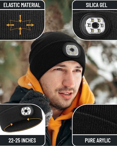 Black Beanie Headlamp - Unisex Winter Knit Cap with USB Rechargeable LED Light, Ideal for Men, Dad, Father Gifts