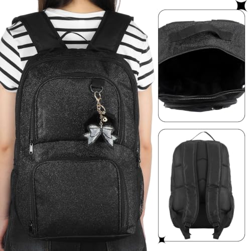 Large Black Cheer Backpack with Bow Keychain - Multi Pockets