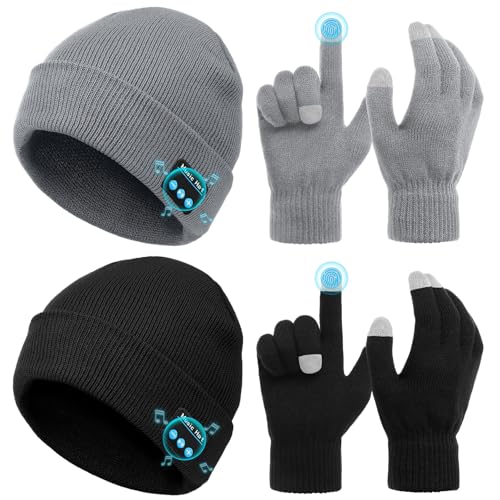Wireless Winter Beanie Hat Set with Touchscreen Gloves - Black+Gray
