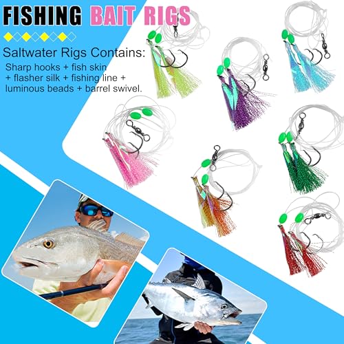 FUSIGO 5-Pack Saltwater Fishing Bait Rigs with Glow-in-Dark Fish Skin & Monofilament Leader