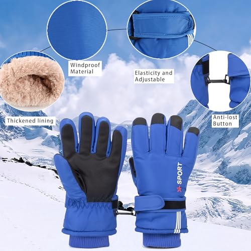 Kids Waterproof Ski Gloves - Warm Mittens for Ages 5-10 - Blue