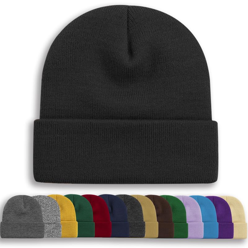 Cuffed Knit Winter Beanie Hat for Men & Women - Black Classic