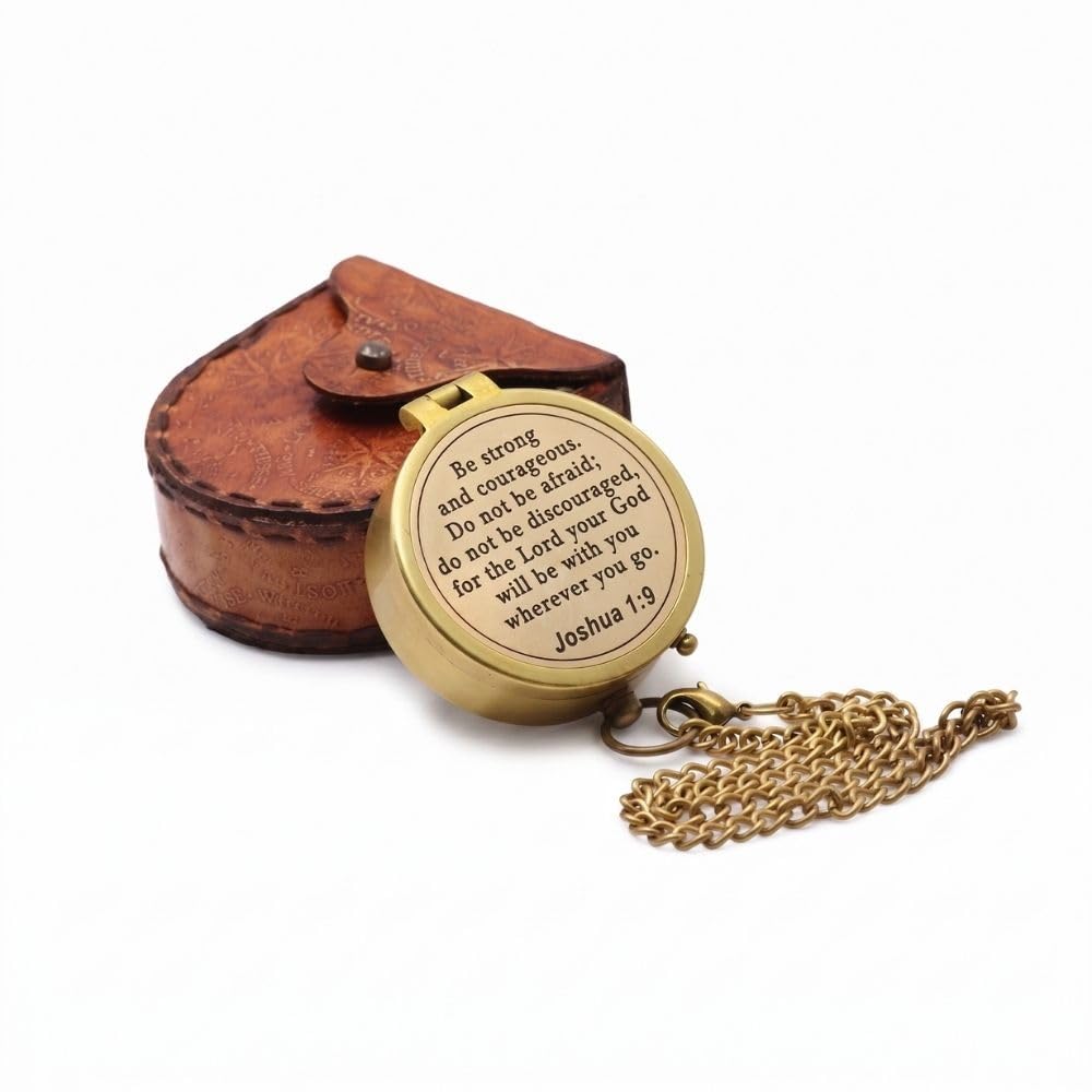 Be Strong and Courageous Compass – Joshua 1:9 Scripture Engraved – Solid Brass Pocket Compass with Leather Case – Christian Gift for Men, Son, Husband, Graduation, Travel Keepsake