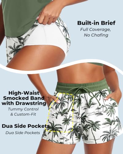 Aqua Eve Medium Green Palm Tree 3-Piece Tankini Swimsuit with Pockets High Waist Tummy Control