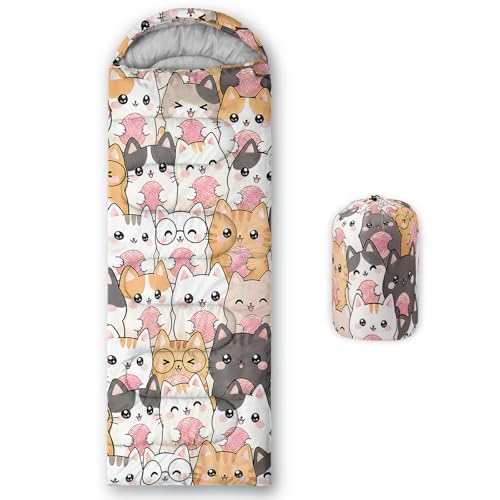 QOOMO Kawaii Cat 3-Season Camping Sleeping Bag, 31x90 in, Waterproof, 3 lb