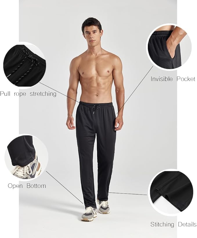 ZH 3 Pack Men's Lightweight Quick Dry Joggers with Pockets - Open Bottom Athletic Pants - Black/Grey/Army Green, Medium