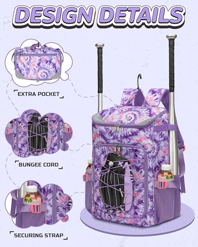 Light Purple Baseball & Softball Gear Bag for Kids Ages 8-12 – Spacious, Durable, Comfortable Carrying