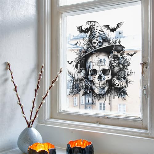 Halloween Scary Wall Stickers Decals,Black Skeleton Pumpkin Bat Halloween Home Decorations,Horror Skull Wall Stickers for Party Haunted House Door