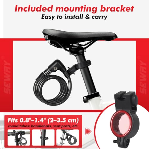 SEWAY 4ft Resettable Cable Lock for Bikes & Scooters with Mount - 12mm Braided Steel