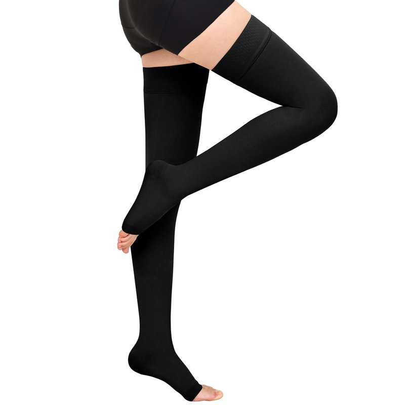 Wegitcs 20-30 mmHg Compression Stockings for Women & Men, Open Toe Thigh High Medical Compression Socks, Support Graduated Compression Hose Sock for Treatment Varicose Veins Swelling(Black, Large)