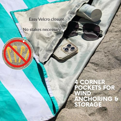 Teal & Stripes Extra Large Beach Picnic Blanket 7x7 ft Sandproof Waterproof Windproof with Umbrella Hole