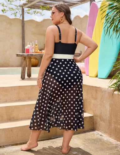 Plus Size Women's One-Piece Swimsuit with Cover Up Skirt - XX-Large Black Dot
