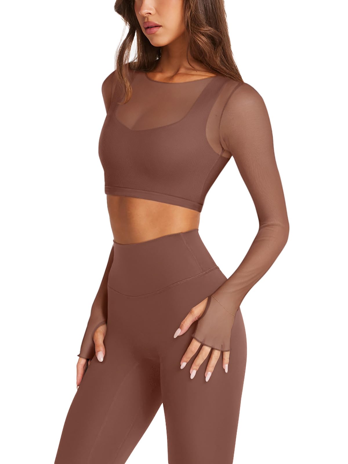 LASLULU Womens Sexy Sheer Mesh Long Sleeve Sports Bra Summer Crop Tops Compression Shirts Athletic Workout Shirts Yoga Pilates Bra Tops(Dark Coffee Small)