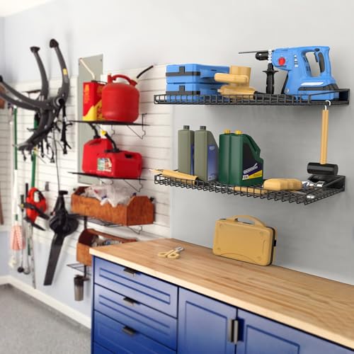 WALMANN 2 Pack Garage Wall Shelf, 23.5" x 12" Wall Mounted Storage Shelves for Garage, Closet, Laundry Room, Heavy Duty Wall Shelving, Holds Up to 65 lbs(Black)