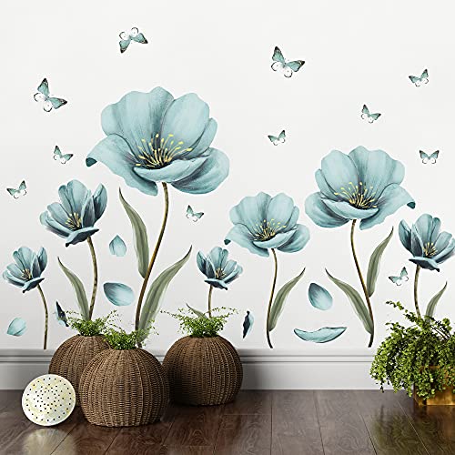 Creative Removable 3D Nursery Flower Wall Decals DIY Romantic Floral Butterfly Leaf Wall Sticker Murals Flowers Art Decor for Kids Girls Bedroom Living Room Home Wall Decoration (Light Green)