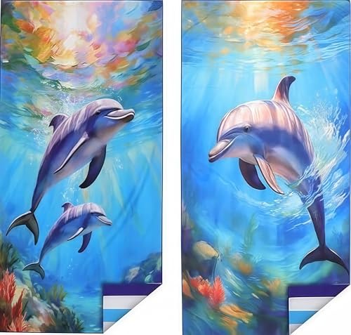 2 Pack Oversized Microfiber Beach Towels - Quick Dry Blue & White Dolphins - Stylish & Sand-Free