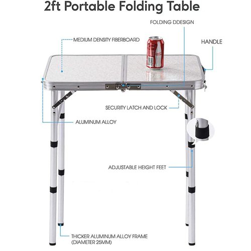 YUFIFAIRY Folding Table Small, 24''L x16''W Camp Aluminum Table with Adjustable Height Legs, Indoor Outdoor Lightweight Portable Folding Aluminum Dining Table for Picnic Camping 2-Feet（10"/19"/27）