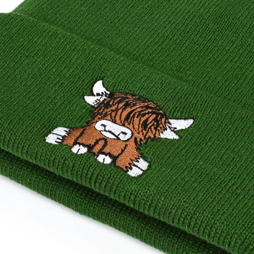 Yak Embroidery Stretch Knit Beanie Hat - Army Green
