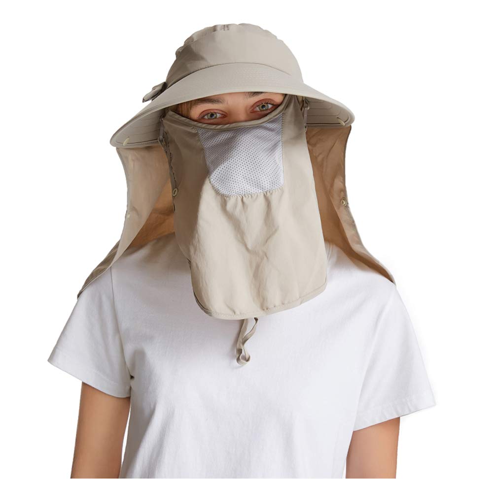 icolor Sun Hats for Women Fishing Hat UPF+50 Detachable Face Mask Neck Flap Visor Wide Brim UV Sun Protection Hiking Hats Khaki