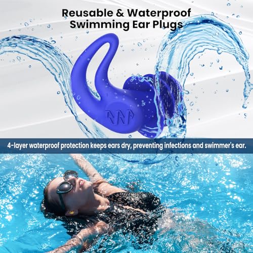 Swimming Ear Plugs - 4 Pairs Silicone Earplugs in Black, Blue, Yellow, Green