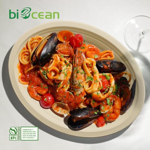 Biocean 12.5 Inch Compostable Oval Plates 125-Pack Natural Sugarcane Bagasse Eco-Friendly
