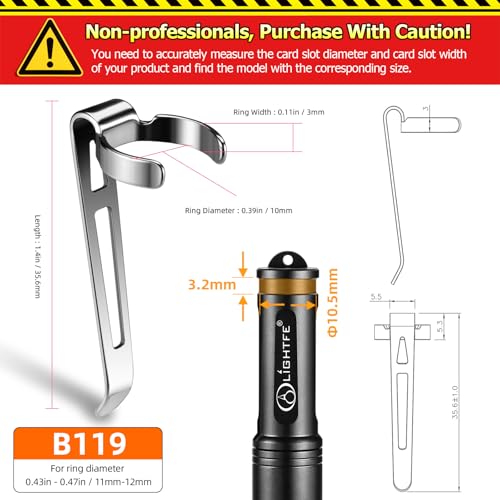 LIGHTFE B119 Flashlight Clip for 11-12 mm Diameter and 3-3.4 mm Slot Width - Stainless Steel Pen Clip for Hat, Pocket, or Bag Use