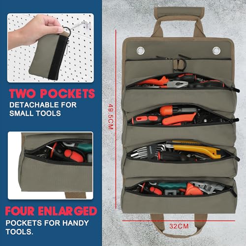 Tool Bag Gifts for Husband Him, Roll Up Small Tools Box Storage, Tool Gifts for Men Dad Boyfriend Grandpa, Presents for Birthday, Heavy Duty Tool Organizer with 2 Pouch