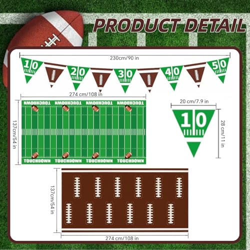 Football Party Tablecloth and Banner Set - 54 x 108 Inch - Green & Brown