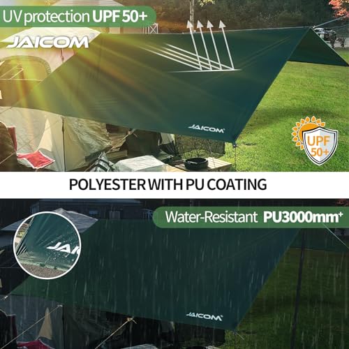 JAICOM Green Waterproof Camping Tarp 10x13ft Ultralight Rain Fly for Hammocks & Outdoor Shelter