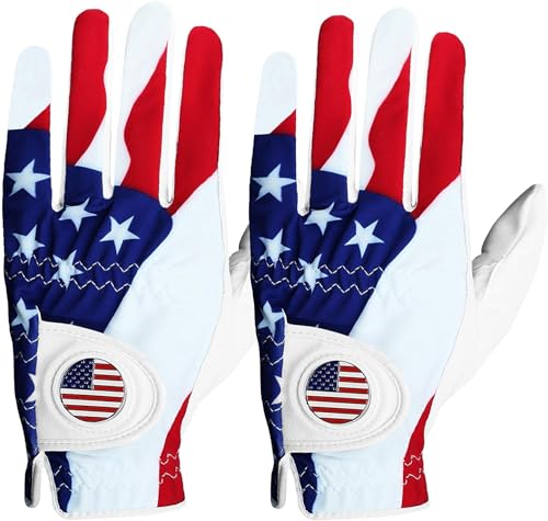 Golf Gloves for Men - Right Handed with Ball Marker - Large White & USA Flag