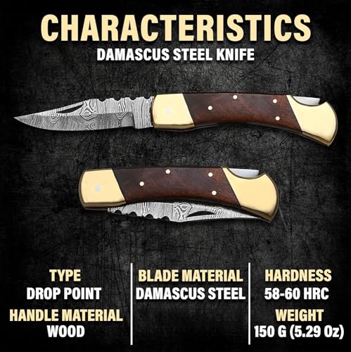 Bodacious Knives Damascus Folding Pocket Knife with Walnut Wood Handle and Sheath