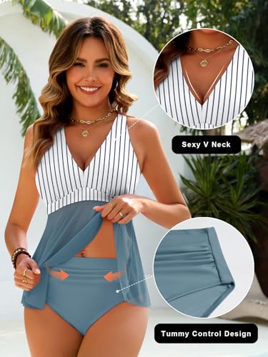 Dridreo Tankini Sets for Women Large Stripe Grey Blue – Flowy Mesh Tummy Control High Waisted Bottom