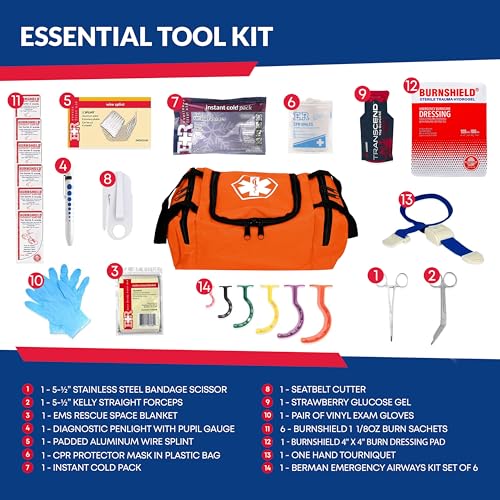 Dixie EMS Fully Stocked Trauma First Aid Kit - First Responder II Orange Bag with Tools & Gauze