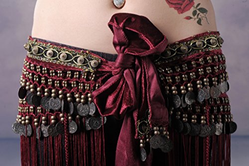 Plus-Size Dark Red Women's Belly Dance Tribal Hip Scarf with Fringe Coins 35.5in