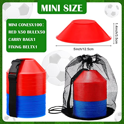 Hanaive Mini Soccer Cones for Agility Drills (5 Inch) - Red & Blue, 100 Pack with Bag & Strap