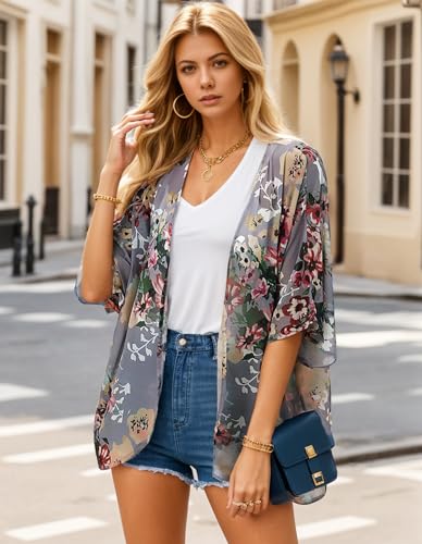 Floral Print Puff Sleeve Kimono Cardigan - XX-Large Dark Grey