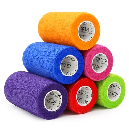 OK TAPE Self-Adherent Cohesive Bandages Wrap 6 Pack, 4 Inch x 5 Yards, Mix Colors