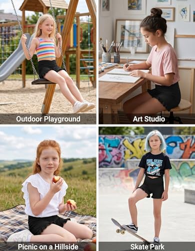 High Waisted Girls Athletic Shorts - Black, 7-8 Years