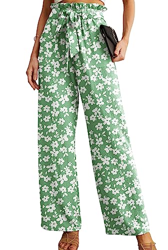 IWOLLENCE X-Large Green White Flower High Waist Palazzo Pants with Pockets, Wide Leg Beach & Lounge Trousers