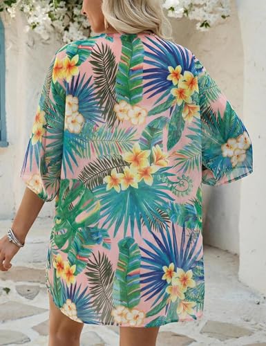 Floral Chiffon Beach Cover Up Kimono Cardigan - Pink Tropical, Medium