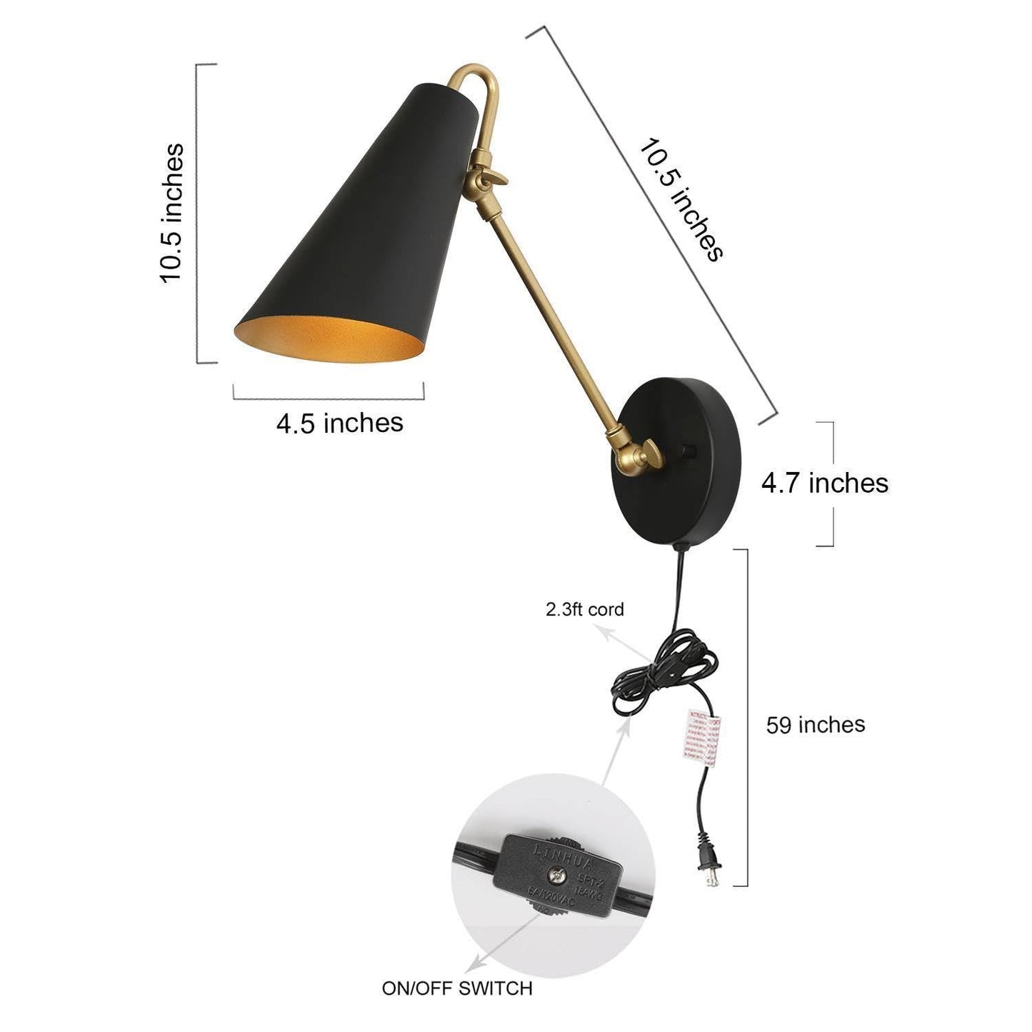 KSANA Swing Arm Wall Lamp, Black and Gold Plug in or Hardwired Wall Sconces, Modern Adjustable Arm Light Fixture with On/Off Switch for Bedroom, Kitchen, Hallway and Living Room