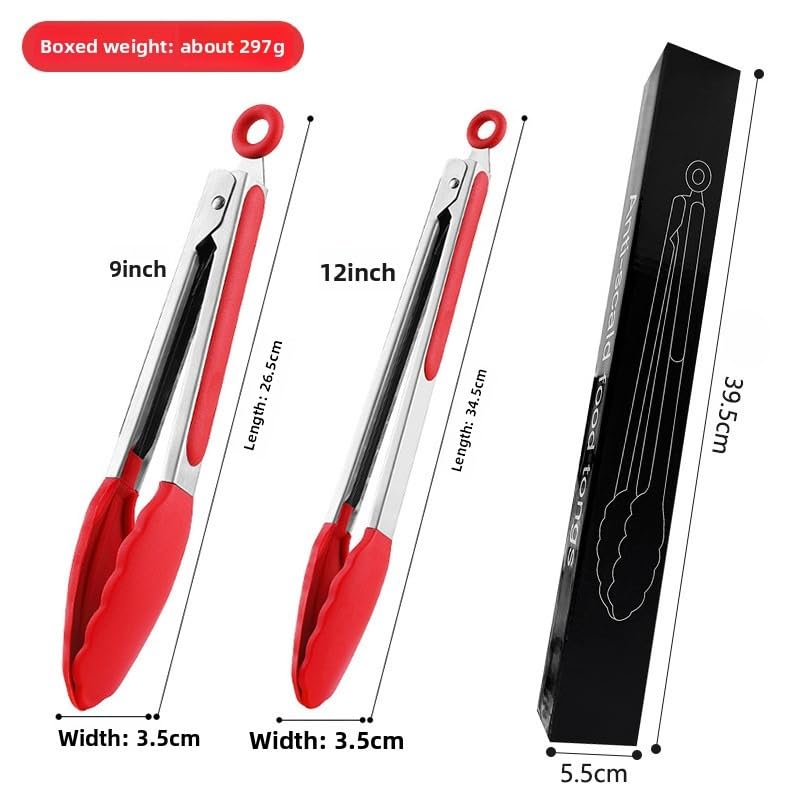 Heat-Resistant Silicone Kitchen Tongs - 9 & 12 Inch Red Set