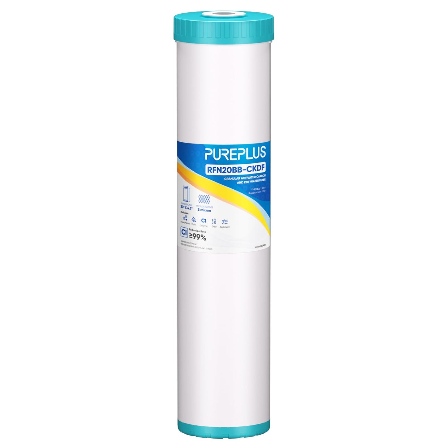 PUREPLUS 5 Micron 20" x 4.5" Whole House KDF/GAC Water Filter, Heavy Metal Removal Replacement Water Filter, RFN20BB-CKDF, 1PACK