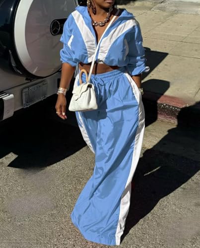 Ophestin Women’s Two-Piece Track Set - Light Blue Bomber Jacket & Wide-Leg Pants XX-Large